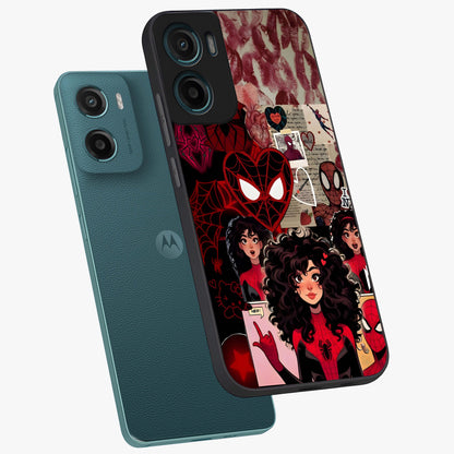 Spider Love Story Glass Case displayed in angled mockup highlighting expressive comic inspired design with playful aesthetic.
