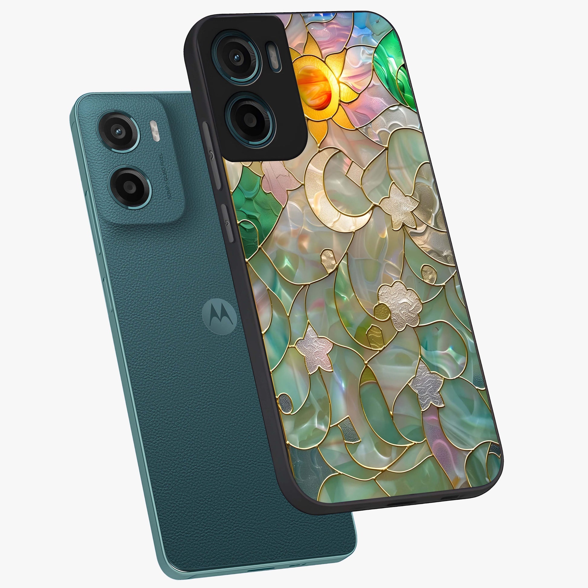 Stained Sunrise Glow Glass Case displayed in angled mockup highlighting radiant sunrise design with artistic aesthetic style.