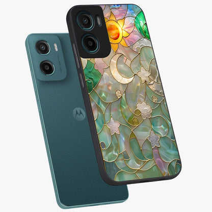 Stained Sunrise Glow Glass Case displayed in angled mockup highlighting radiant sunrise design with artistic aesthetic style.