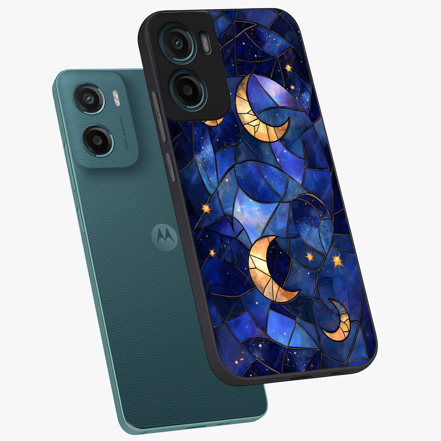Starlit Sky Tapestry Glass Case displayed in angled mockup highlighting celestial night pattern with artistic aesthetic style.