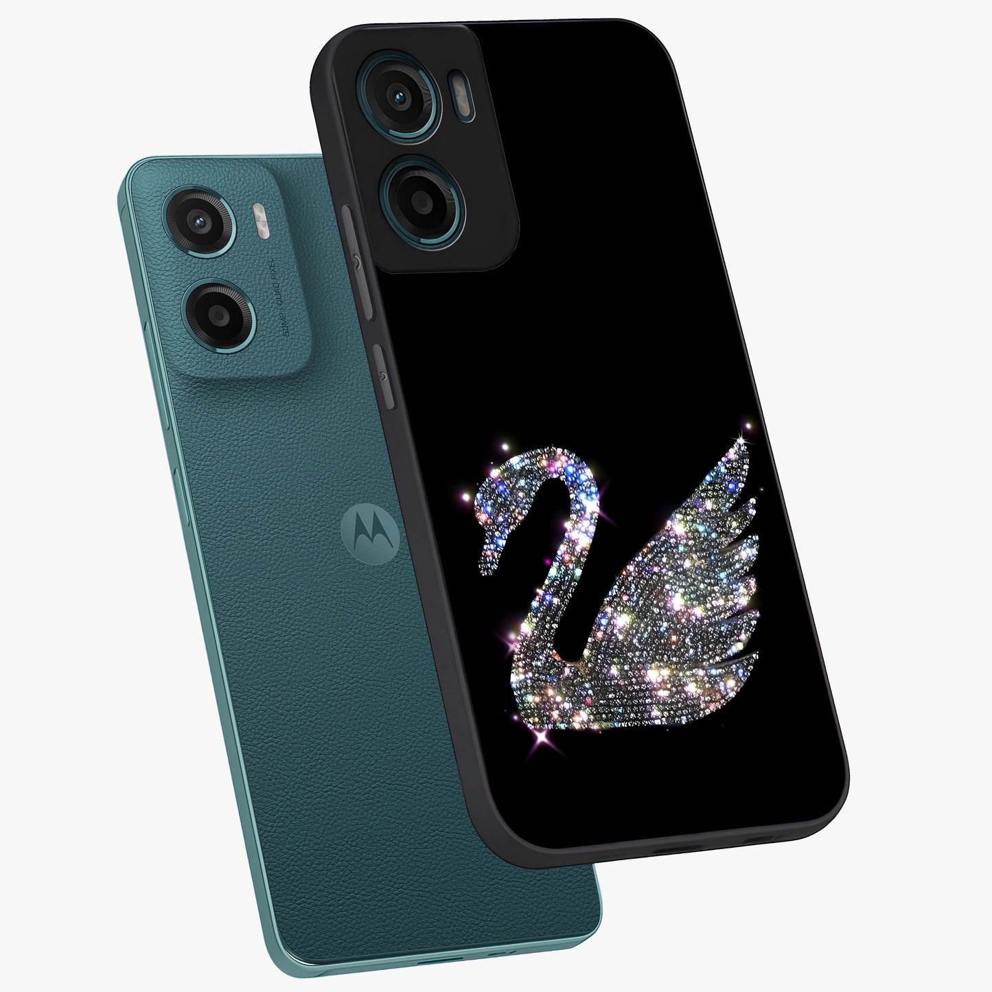 Starlit Swan Grace Glass Case displayed in angled mockup highlighting elegant swan illustration with dreamy celestial aesthetic.