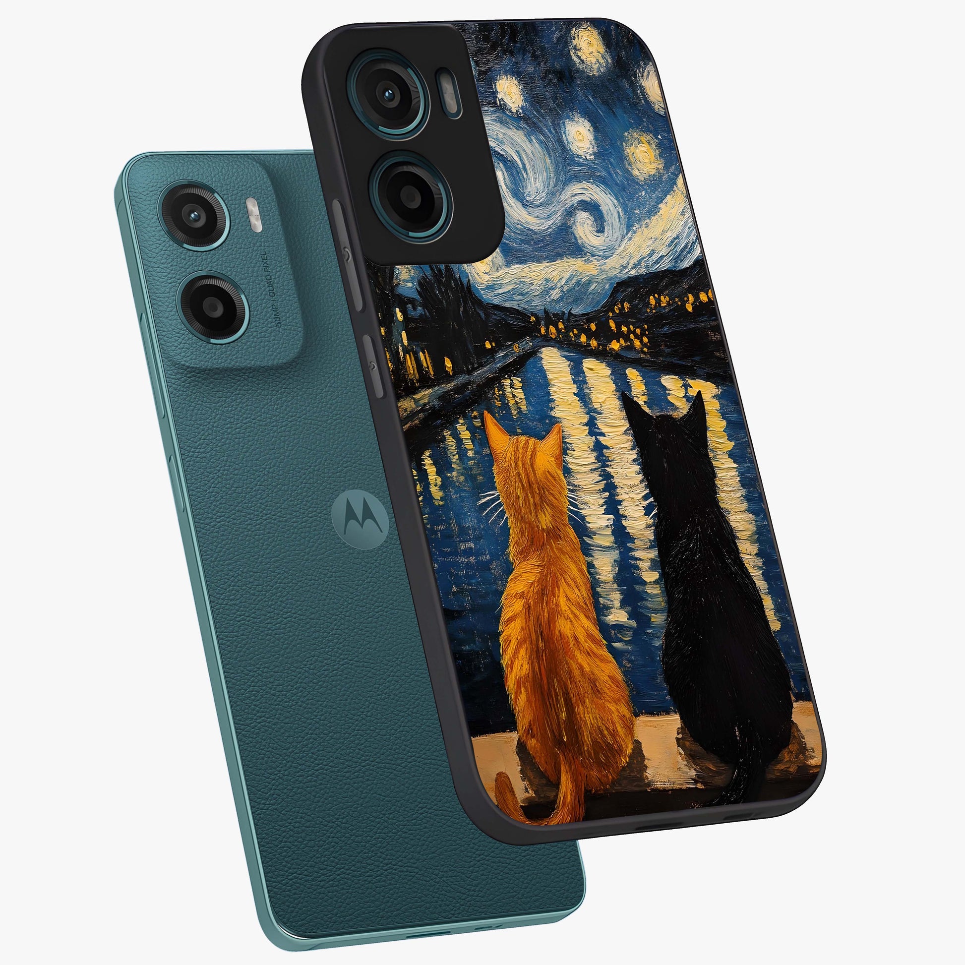 Starry River Cats Glass Case displayed in angled mockup highlighting charming feline illustration with dreamy night aesthetic.