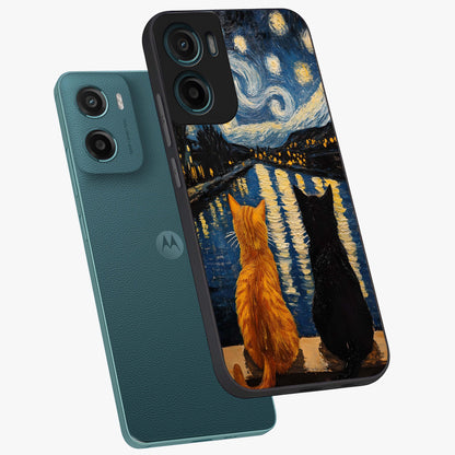Starry River Cats Glass Case displayed in angled mockup highlighting charming feline illustration with dreamy night aesthetic.