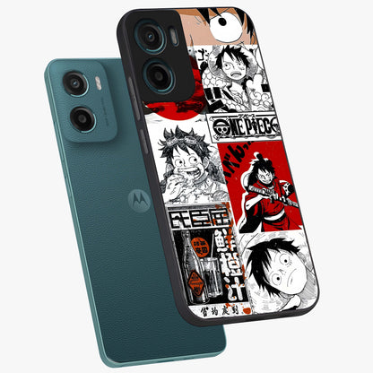 Strawhat Chaos Panels Glass Case displayed in angled mockup highlighting vibrant anime collage design with action aesthetic.