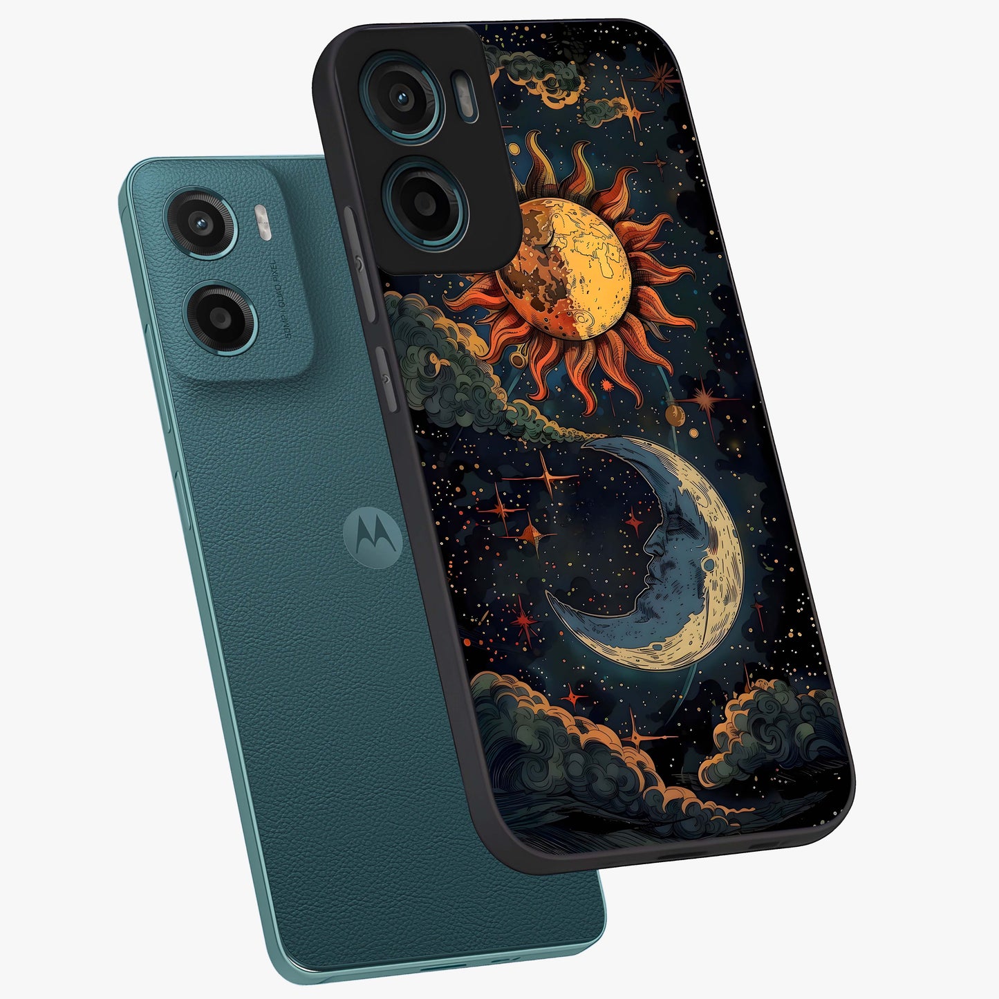 Sun And Moon Magic Design Glass Case displayed in angled mockup highlighting celestial design with magical cosmic aesthetic.