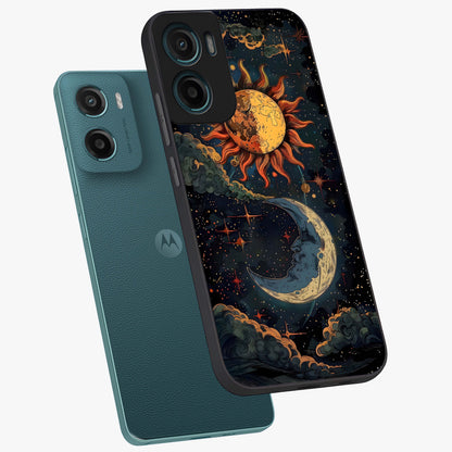 Sun And Moon Magic Design Glass Case displayed in angled mockup highlighting celestial design with magical cosmic aesthetic.