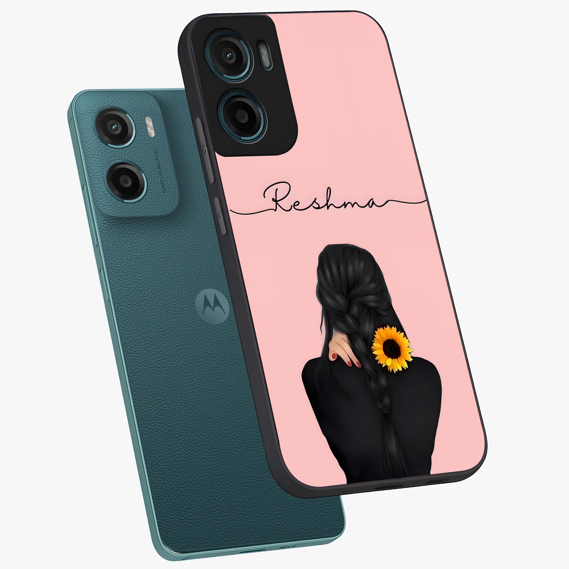Sunflower Braid Beauty With Custom Name Glass Case displayed in angled mockup highlighting elegant sunflower design with custom name feature.