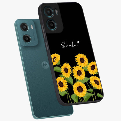 Sunflower Chic Mood Custom Name Glass Case displayed in angled mockup highlighting vibrant sunflower design with custom name feature.