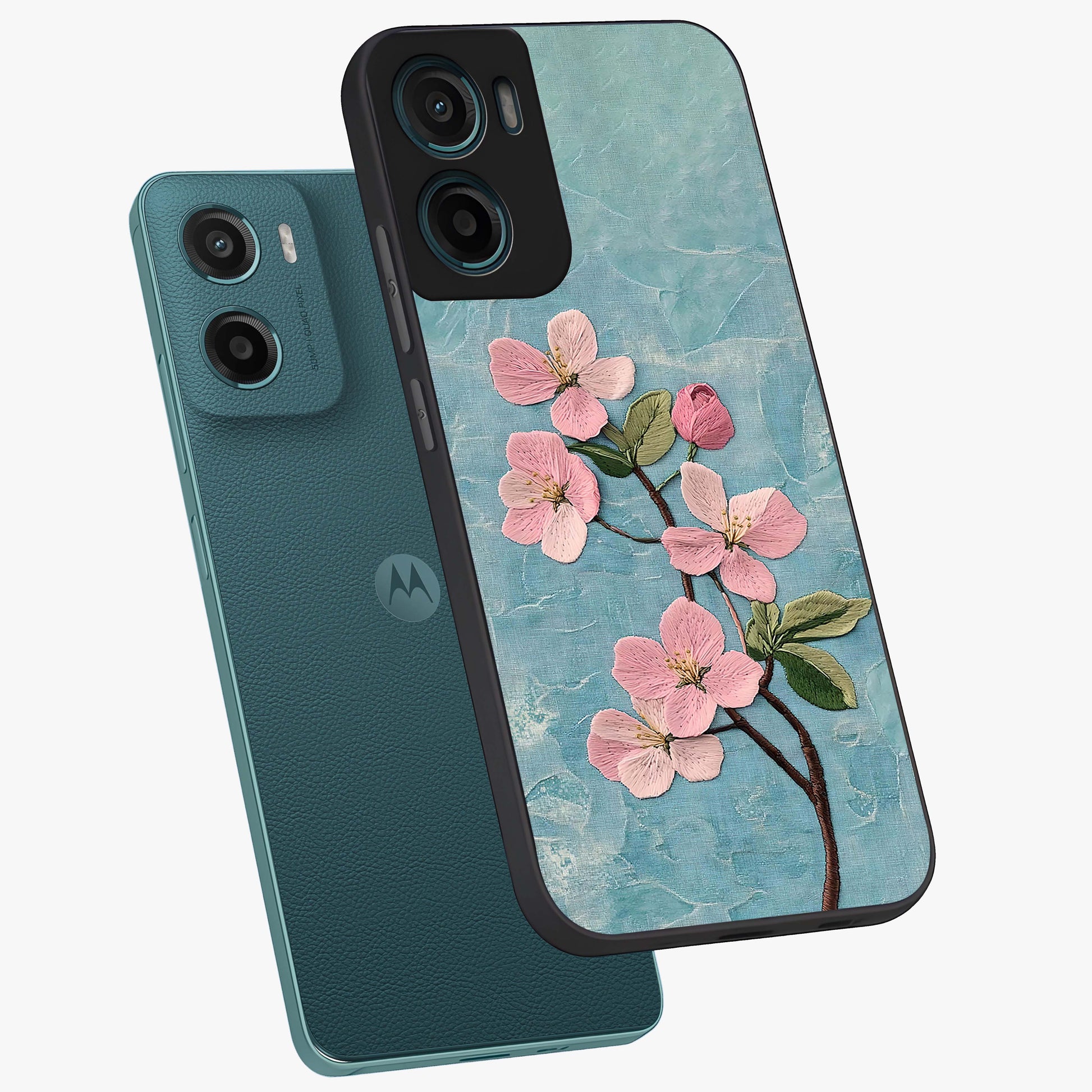 Threaded Blossom Breeze Glass Case displayed in angled mockup highlighting elegant floral design with soft aesthetic style.