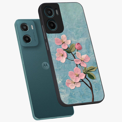 Threaded Blossom Breeze Glass Case displayed in angled mockup highlighting elegant floral design with soft aesthetic style.