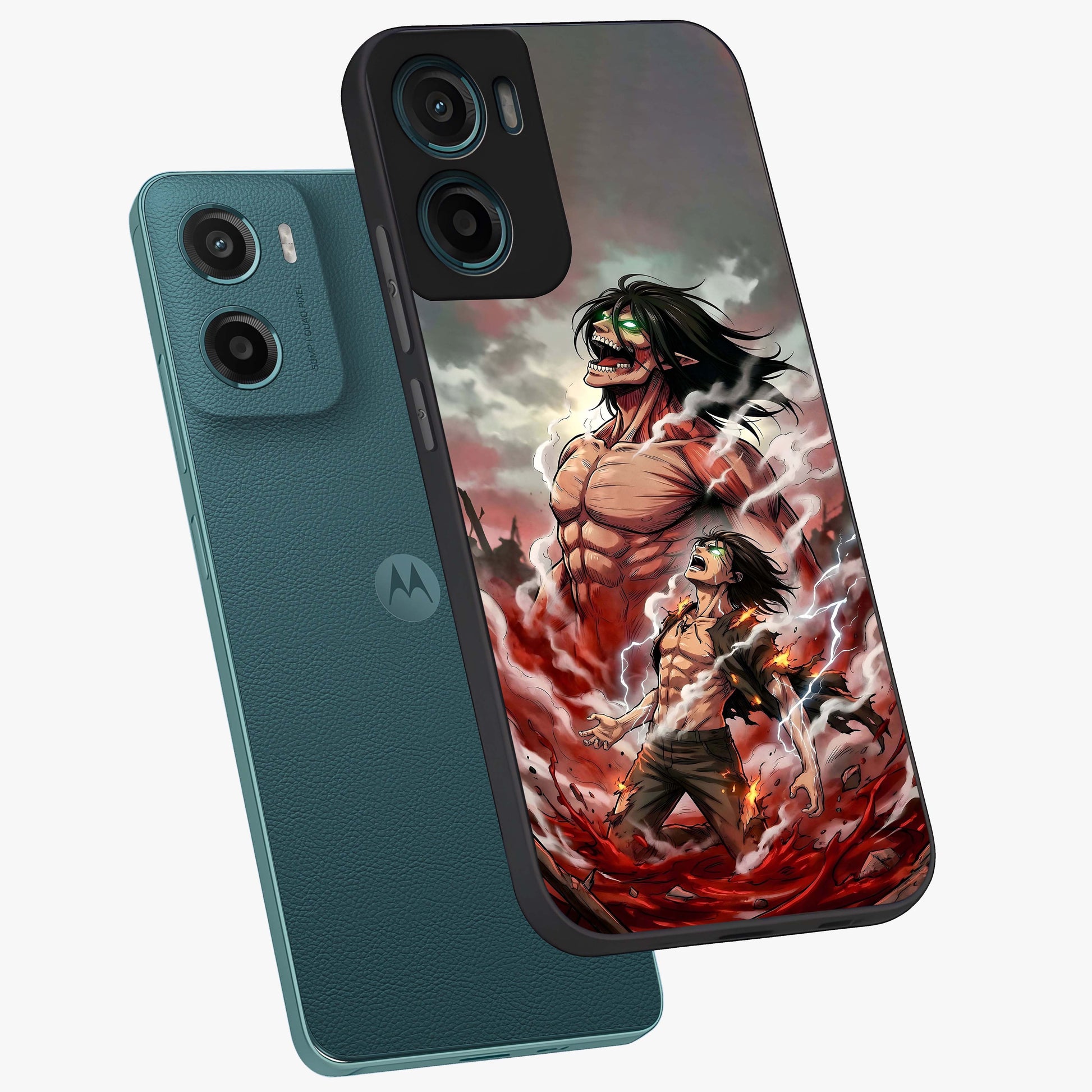 Titan Awakening Fury Glass Case displayed in angled mockup highlighting dramatic giant warrior design with bold anime aesthetic.