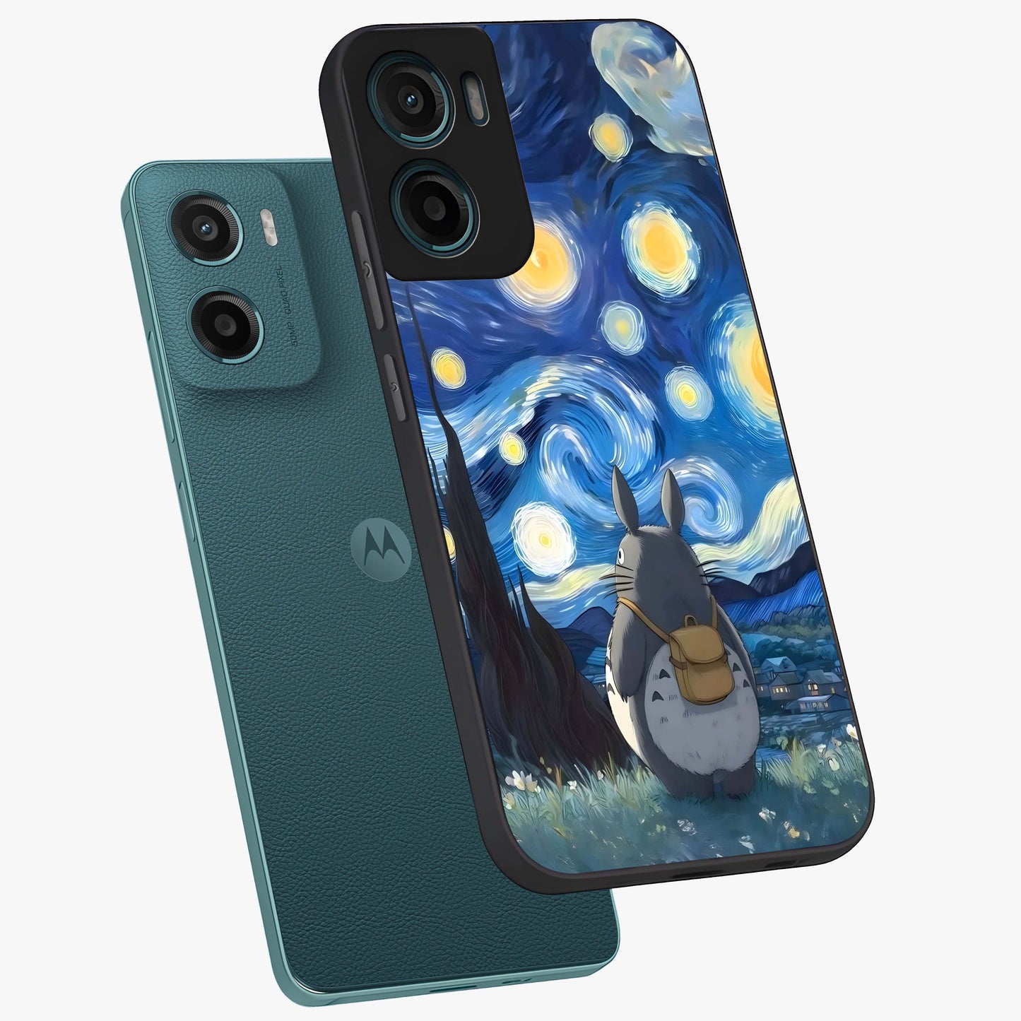 Totoro In Van Gogh Art Glass Case displayed in angled mockup highlighting artistic swirling sky design with playful animation aesthetic.