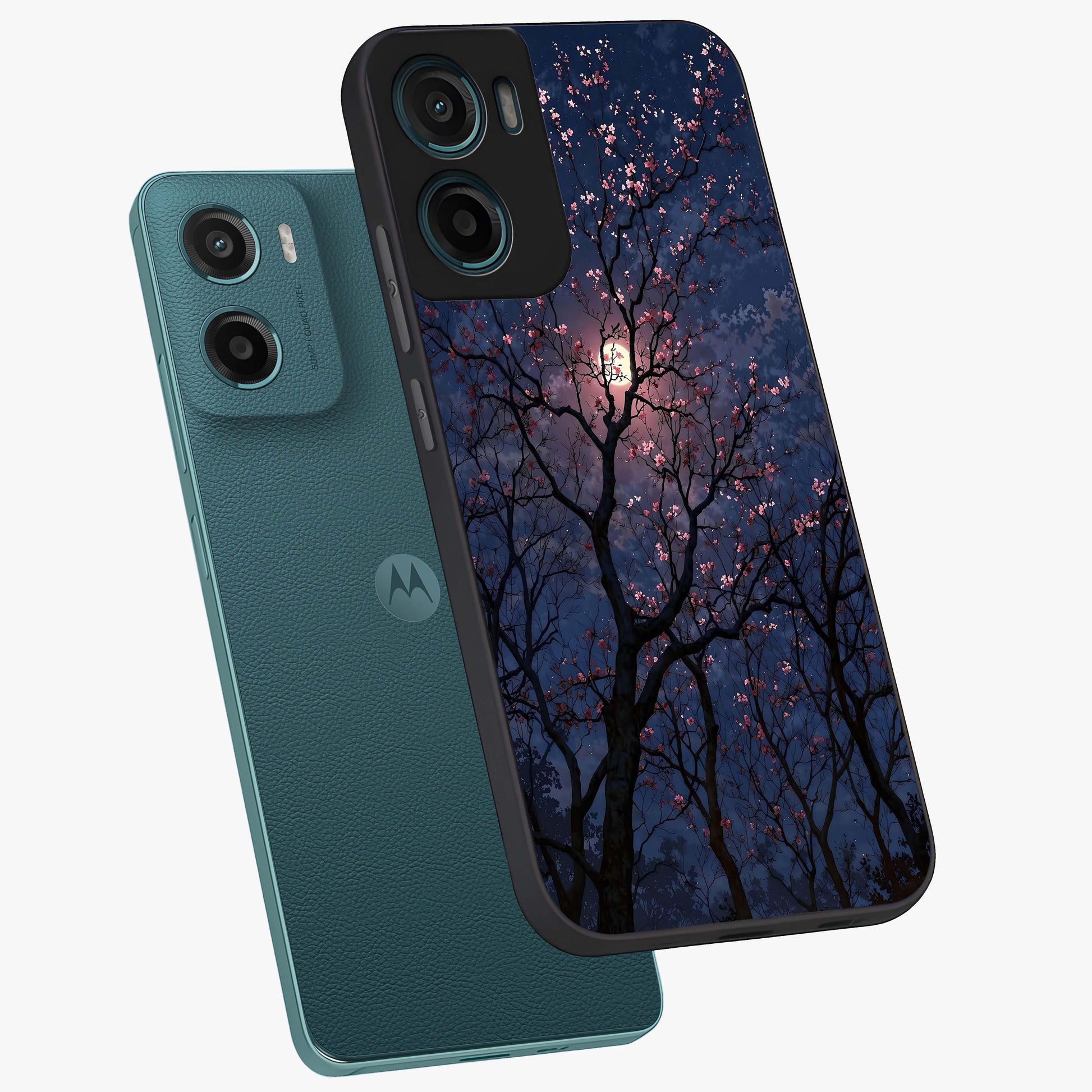 Twilight Sakura Serenade Glass Case displayed in angled mockup highlighting delicate sakura flower design with dreamy aesthetic.
