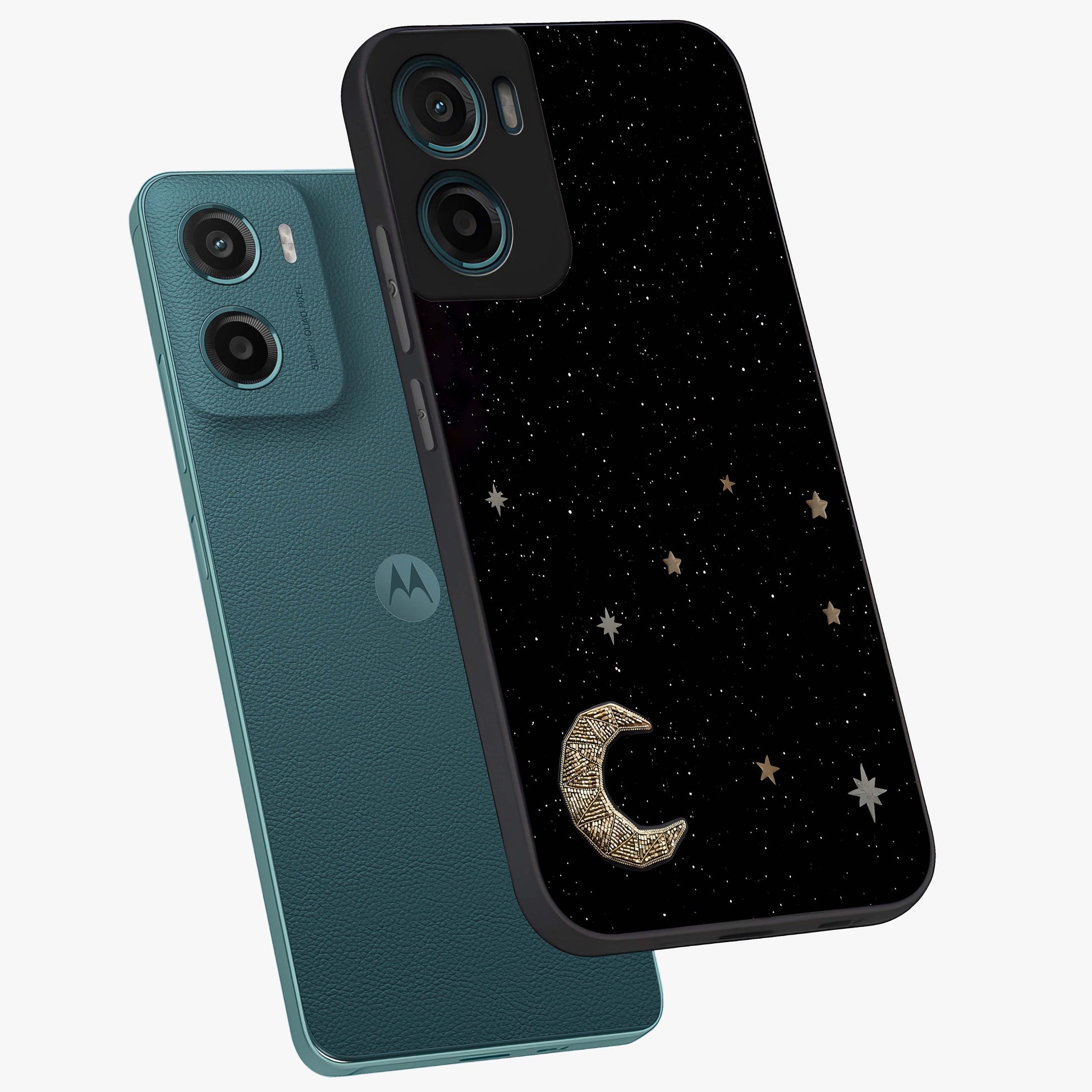 Twinkle Star With Half Moon Glass Case displayed in angled mockup highlighting celestial moon and star design with magical aesthetic.