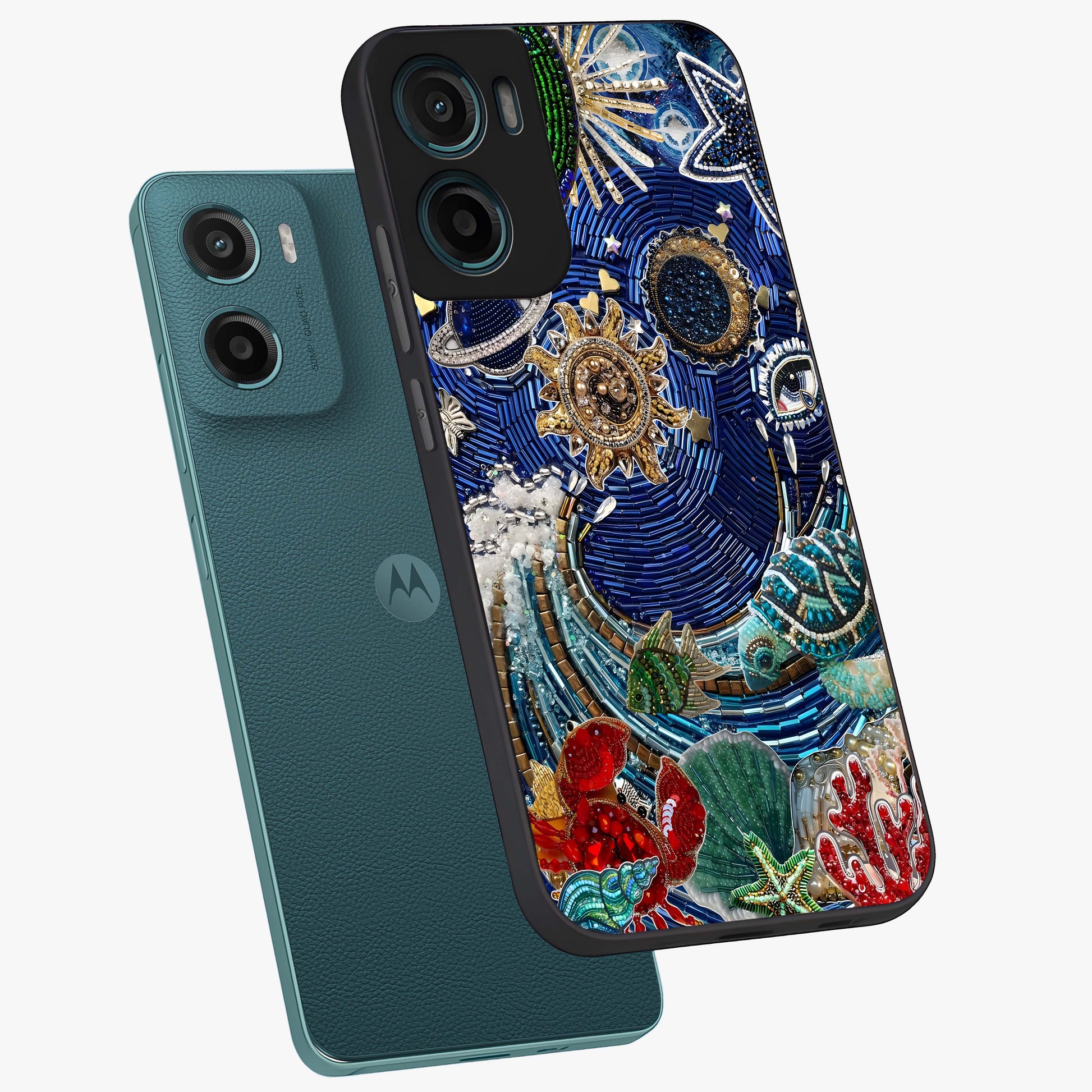 Universe Underwater Spark Glass Case displayed in angled mockup highlighting glowing aquatic design with celestial aesthetic.