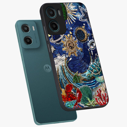 Universe Underwater Spark Glass Case displayed in angled mockup highlighting glowing aquatic design with celestial aesthetic.