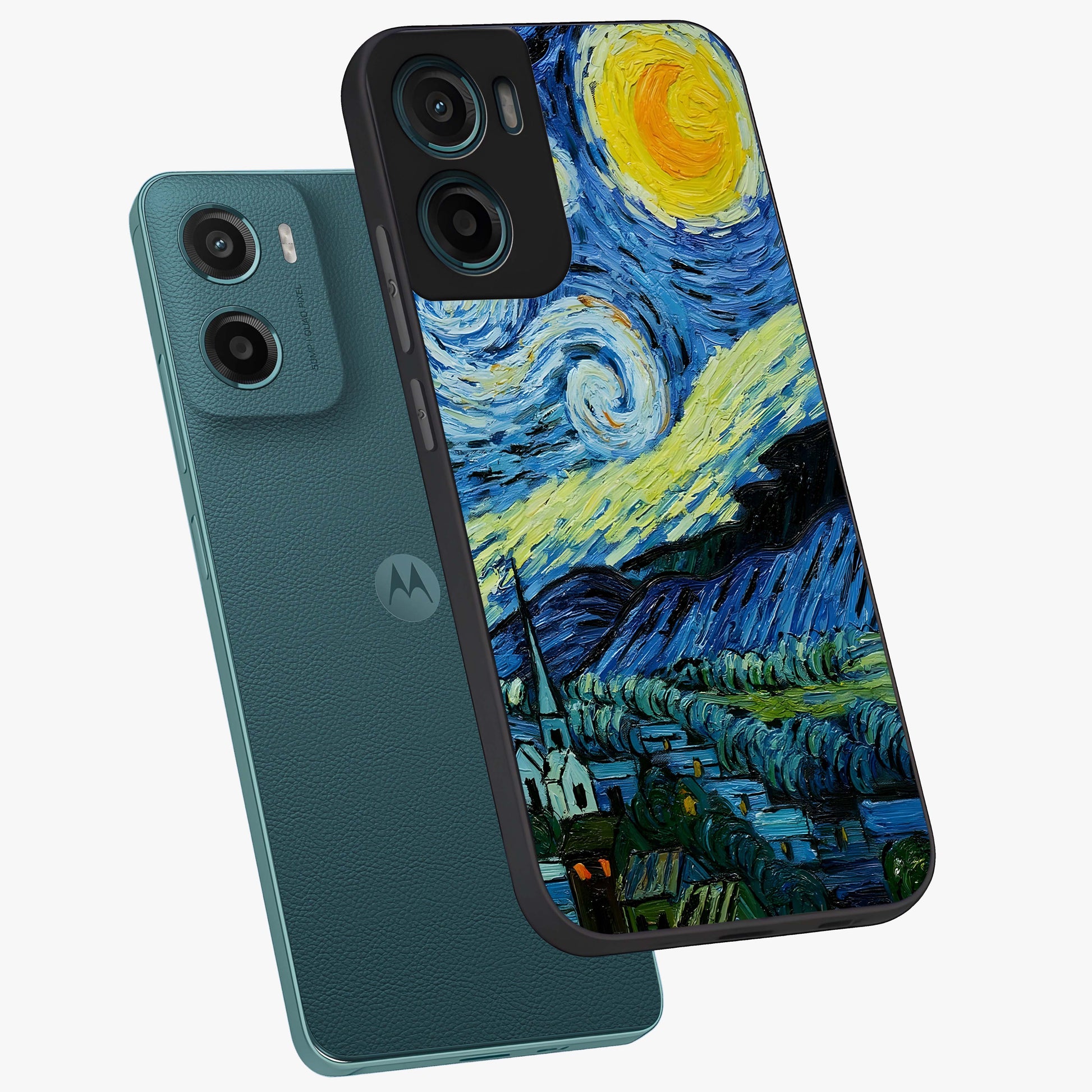 Van Gogh Art Glass Case displayed in angled mockup highlighting swirling brushstroke design with artistic aesthetic.
