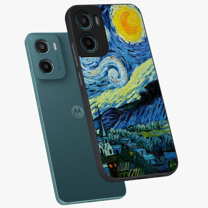 Van Gogh Art Glass Case displayed in angled mockup highlighting swirling brushstroke design with artistic aesthetic.