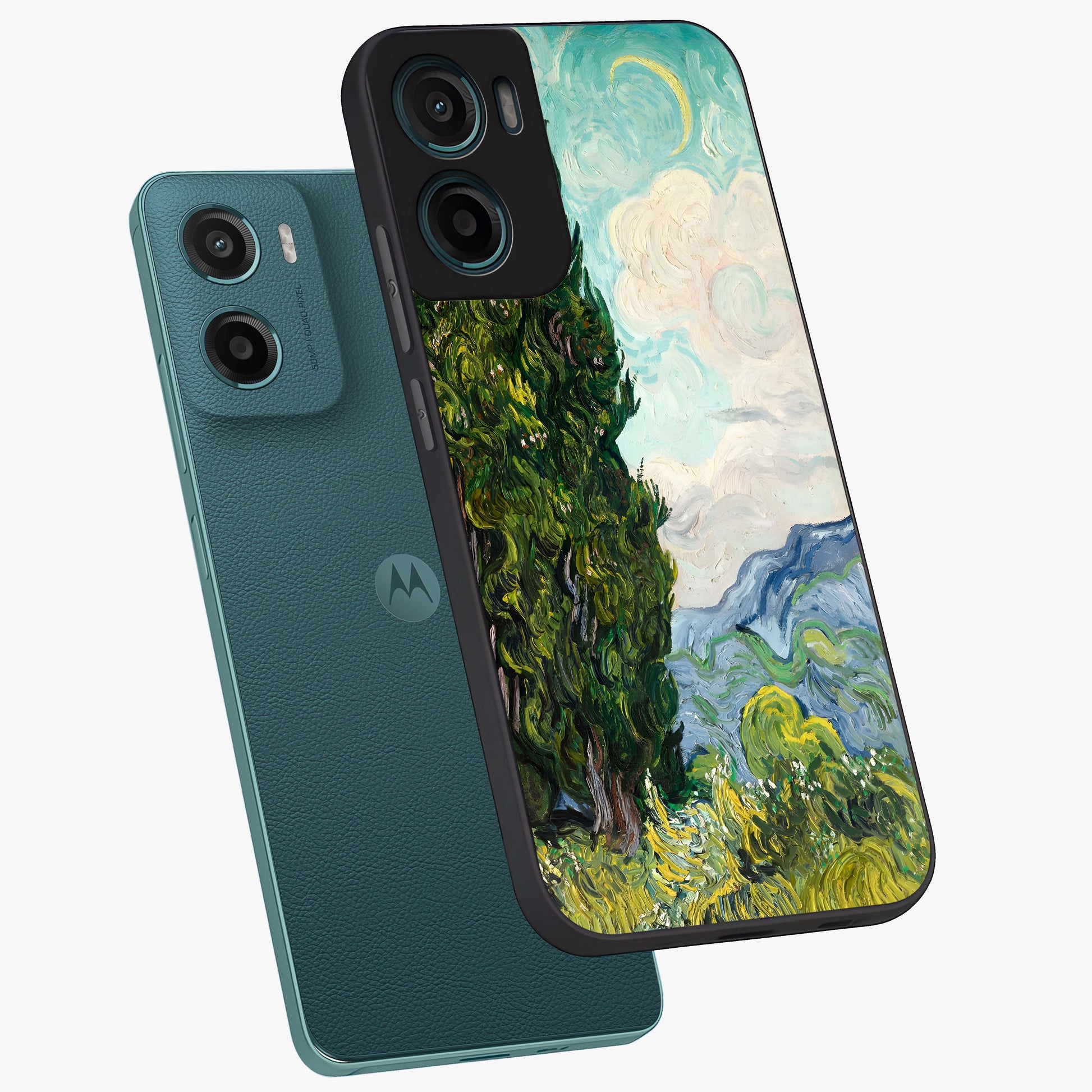 Van Gogh Vintage Art Glass Case displayed in angled mockup highlighting textured brushstroke design with classic aesthetic.