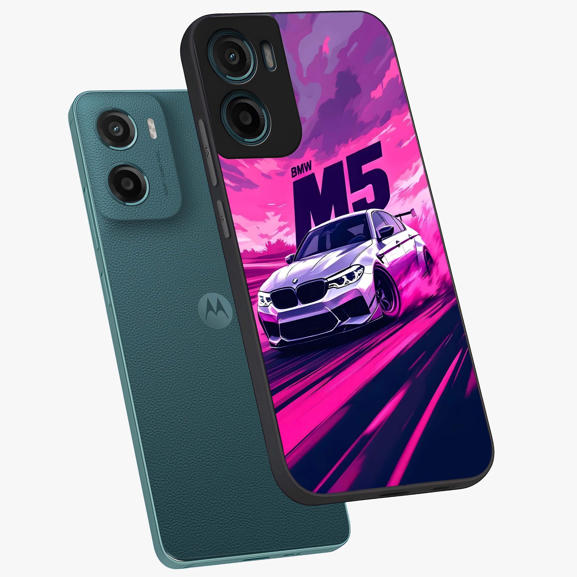 Velocity Drift Pulse Glass Case displayed in angled mockup highlighting dynamic drift design with sporty automotive aesthetic.