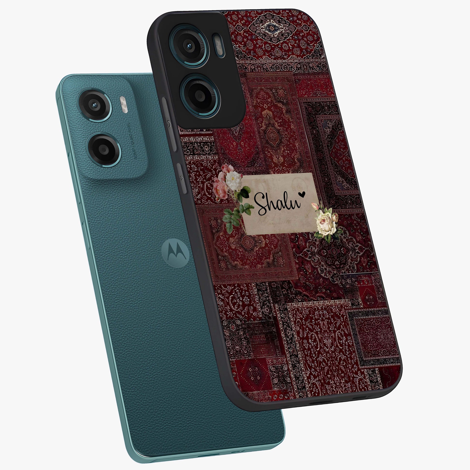 Velvet Wine Pattern Custom Name Glass Case displayed in angled mockup highlighting decorative velvet inspired design with custom name feature.