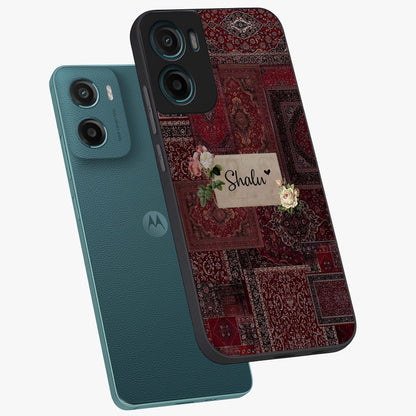 Velvet Wine Pattern Custom Name Glass Case displayed in angled mockup highlighting decorative velvet inspired design with custom name feature.