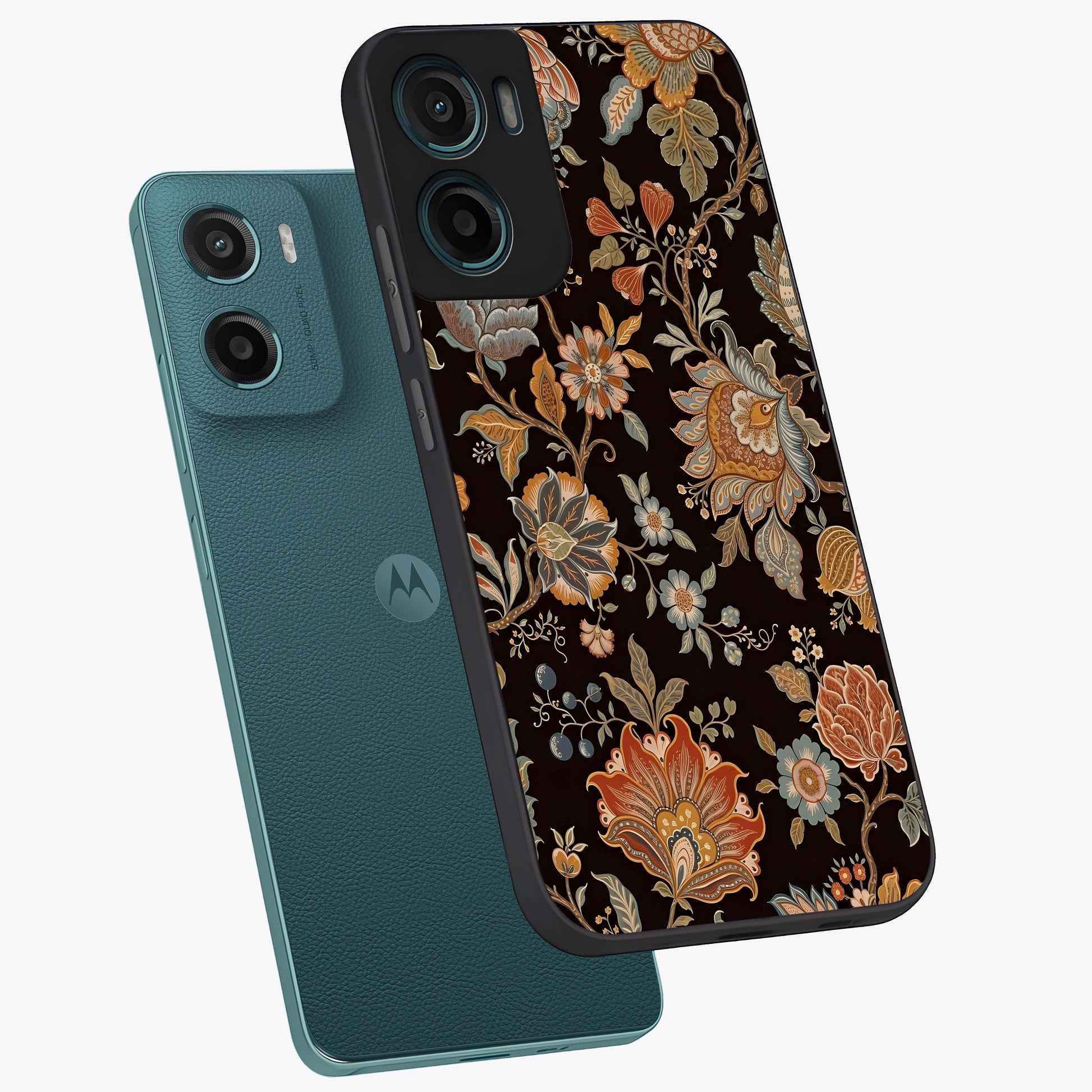 Vintage Floral Dream Glass Case displayed in angled mockup highlighting elegant vintage flower design with soft aesthetic style.