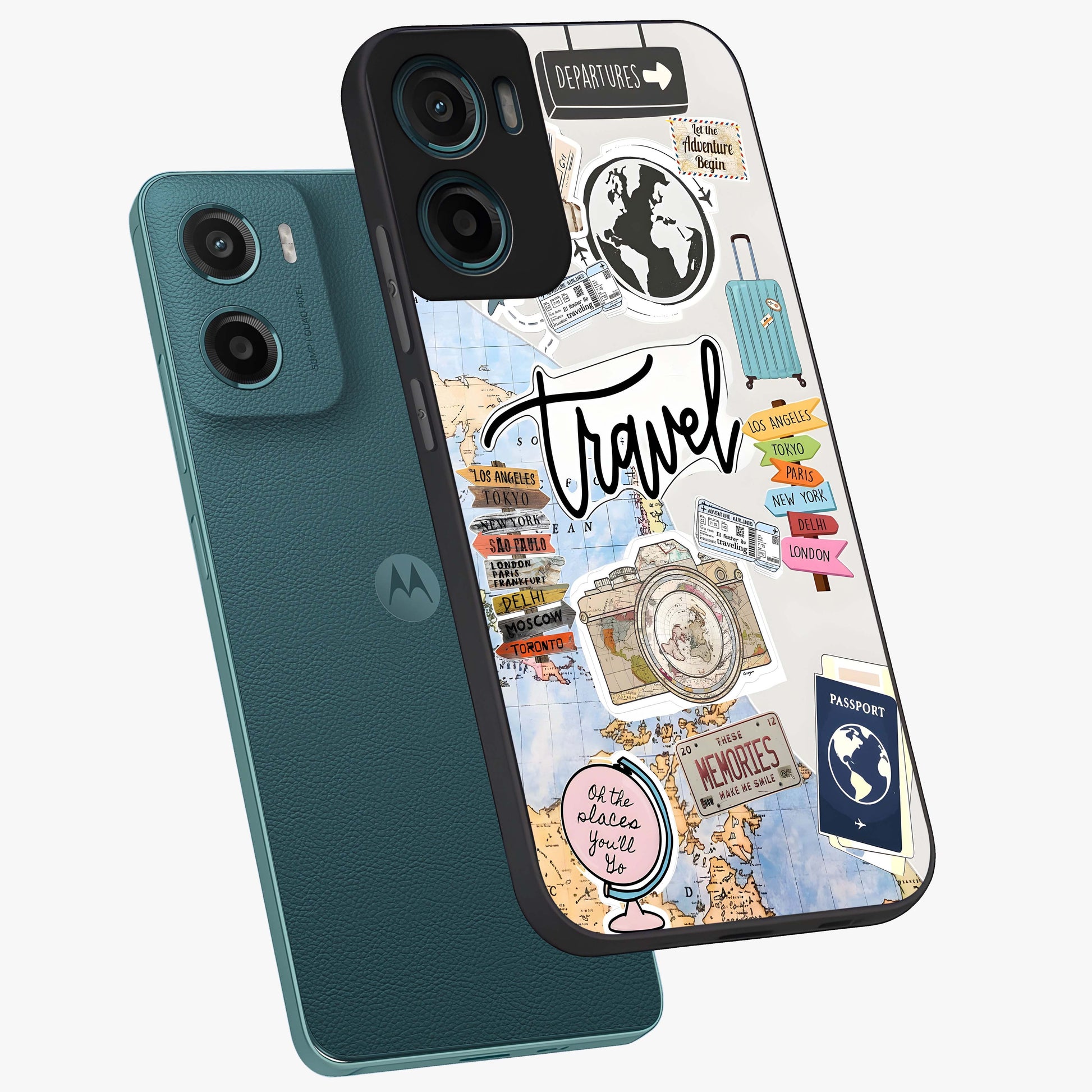 Wanderlust Journal Glass Case displayed in angled mockup highlighting adventure themed design with aesthetic travel vibe.