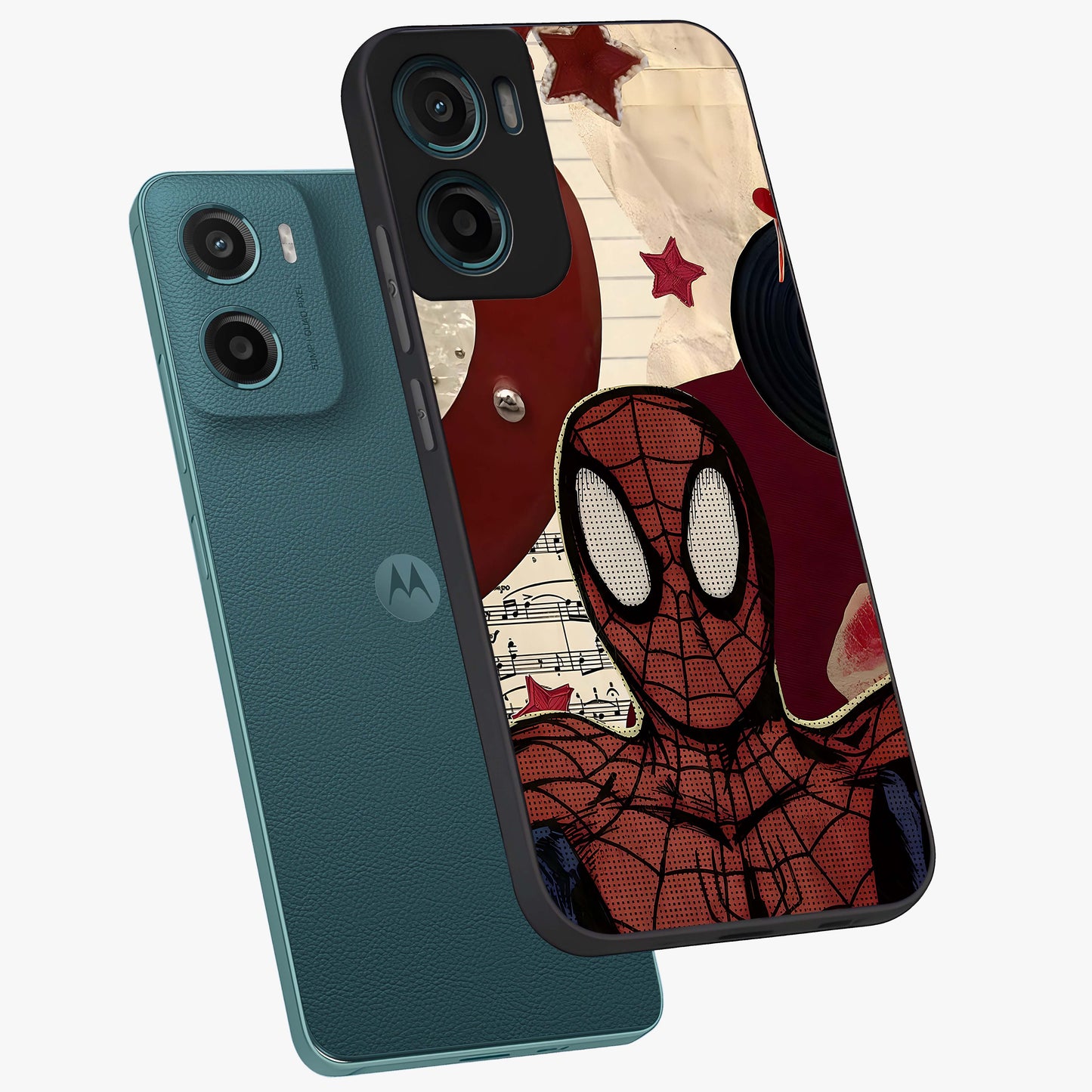 Web Warrior Vibes Glass Case displayed in angled mockup highlighting dynamic web design with comic style aesthetic.