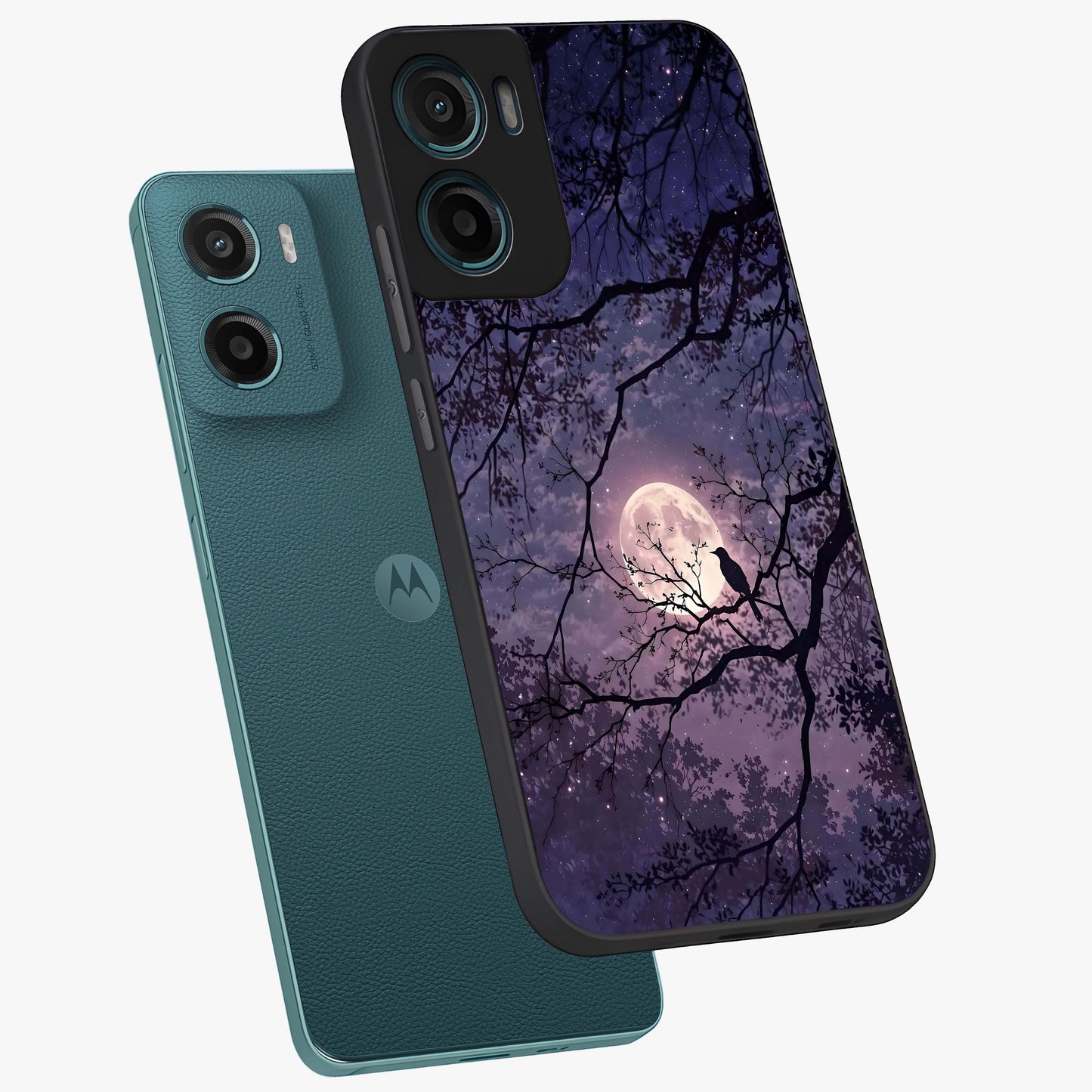 Whispering Moon Silence Glass Case displayed in angled mockup highlighting calm lunar design with dreamy night aesthetic.