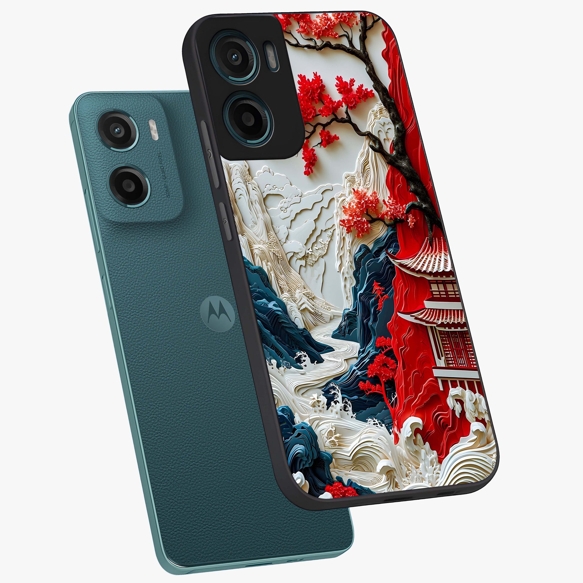 Whispers Of Sakura Waves Glass Case displayed in angled mockup highlighting flowing sakura design with soft floral aesthetic.