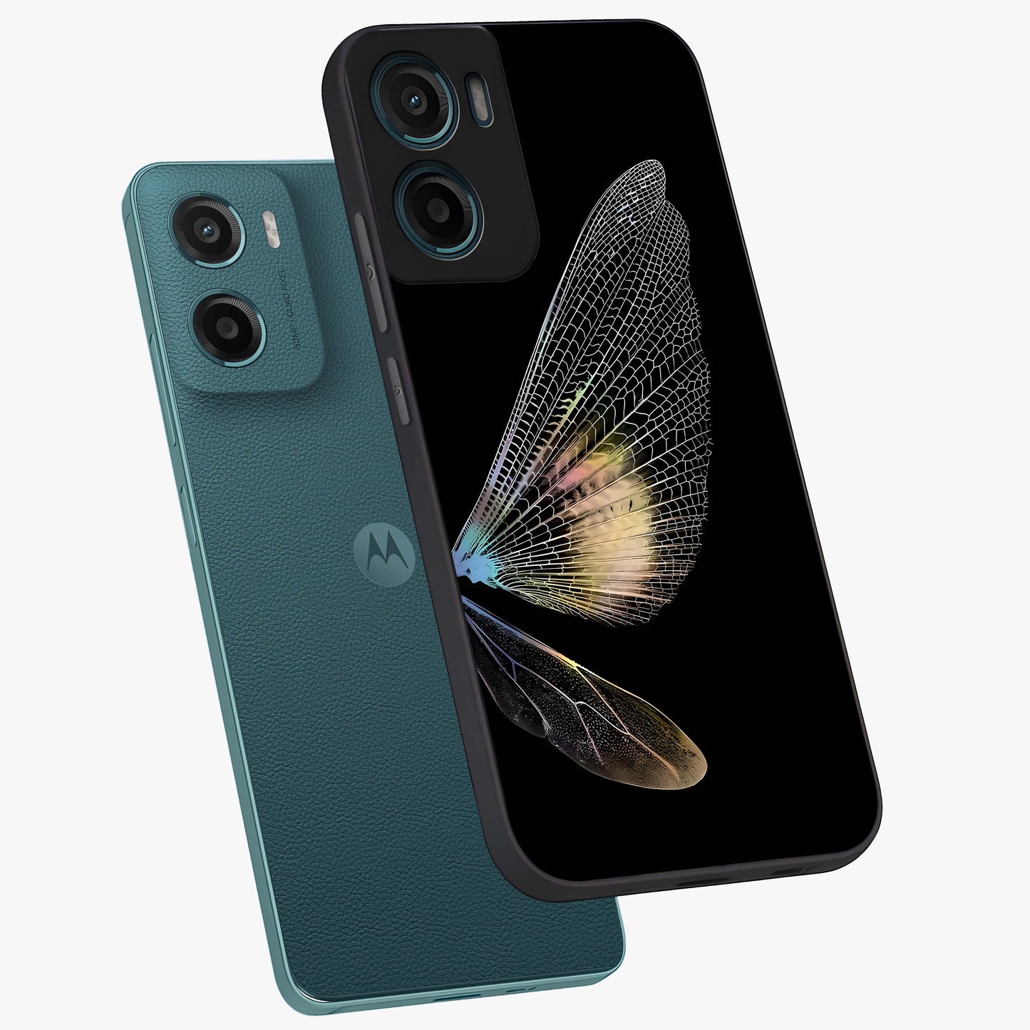 Whispers Of Wings Glass Case displayed in angled mockup highlighting soft feather design with celestial aesthetic style.