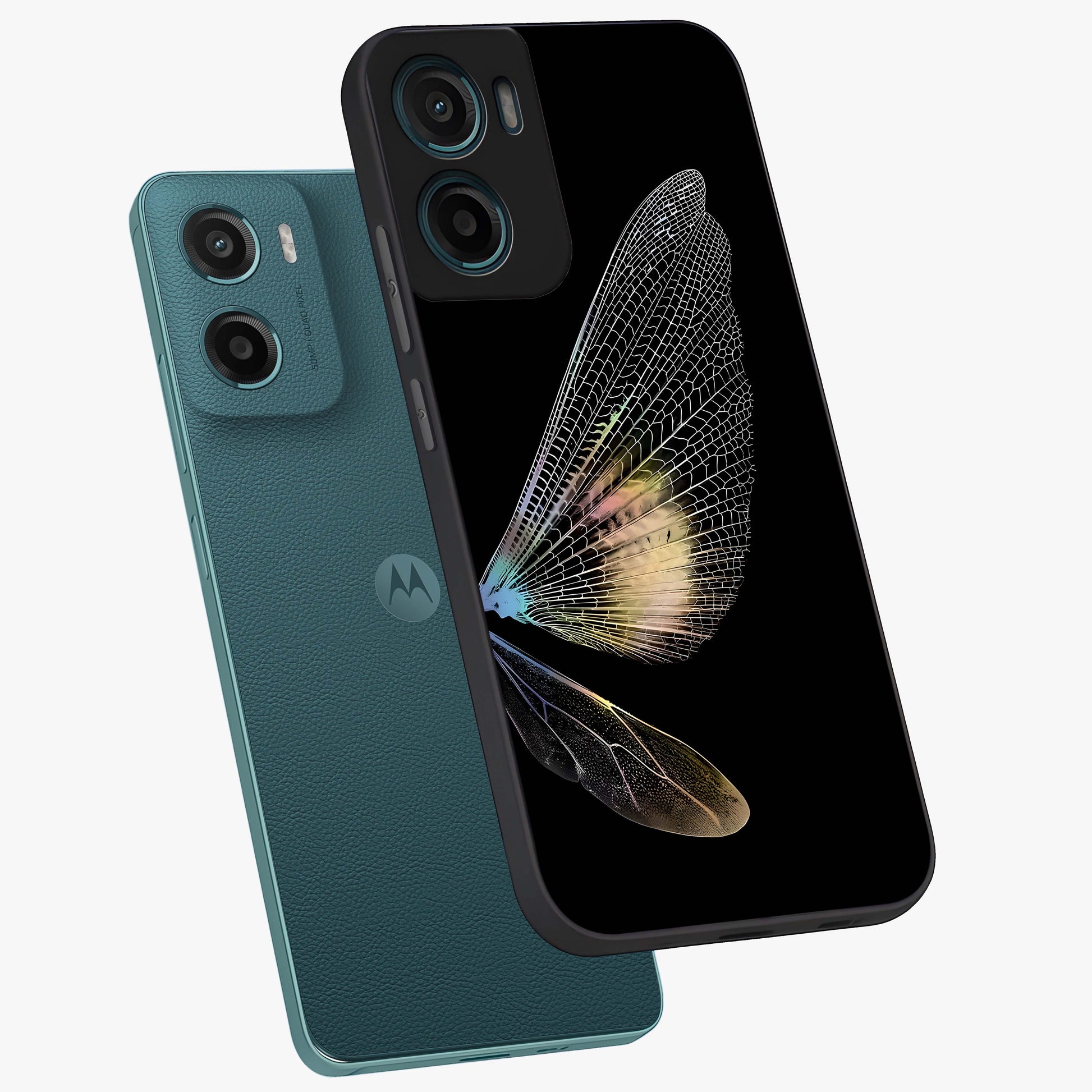 Whispers Of Wings Glass Case displayed in angled mockup highlighting soft feather design with celestial aesthetic style.