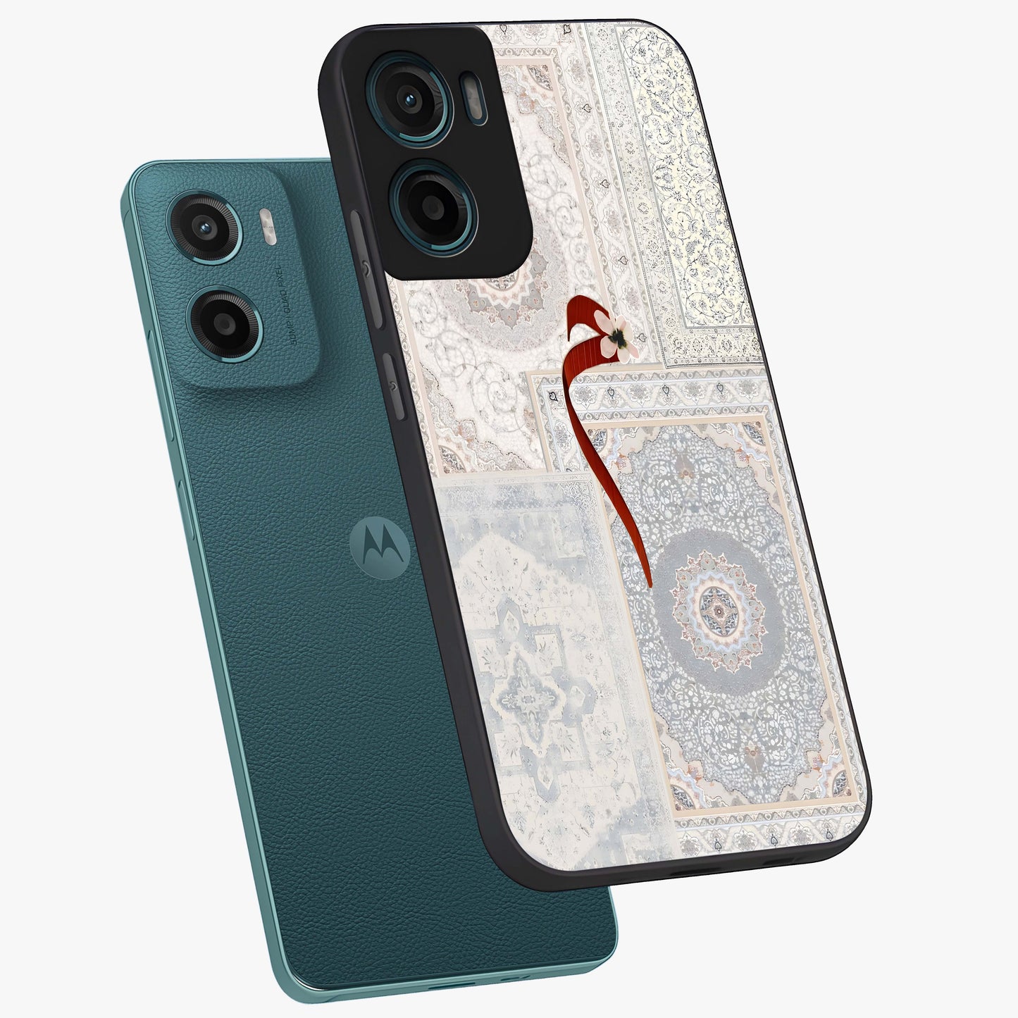White Aesthetic Bow Glass Case displayed in angled mockup highlighting clean bow design with soft aesthetic style.