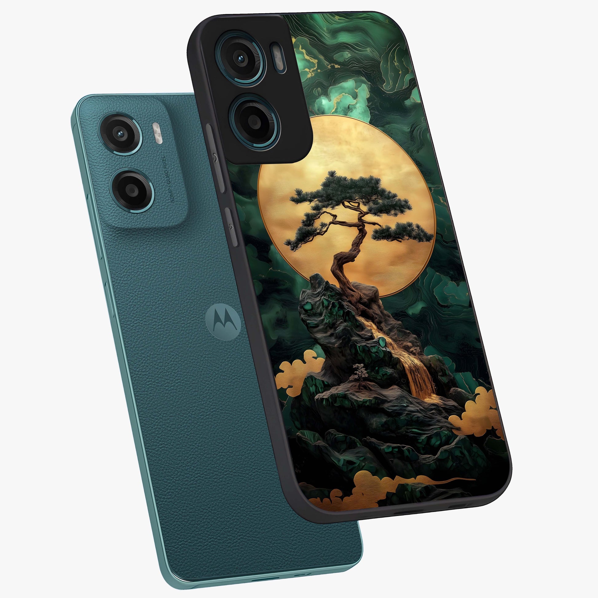 Zen Moon Rise Glass Case displayed in angled mockup highlighting peaceful lunar design with zen aesthetic style.