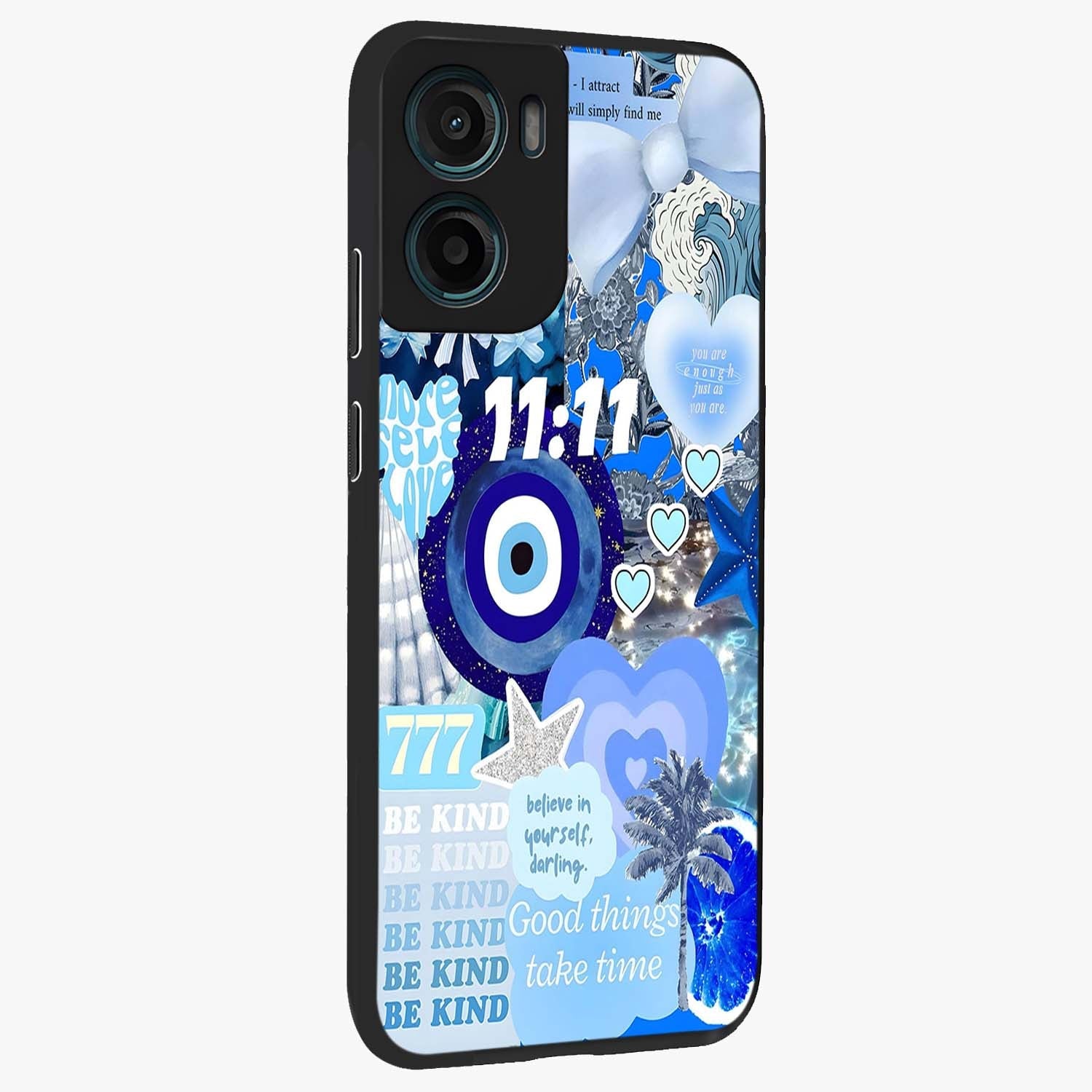 Aesthetic Be Kind Eye Glass Case upright view showcasing stylish eye illustration with positive message theme.
