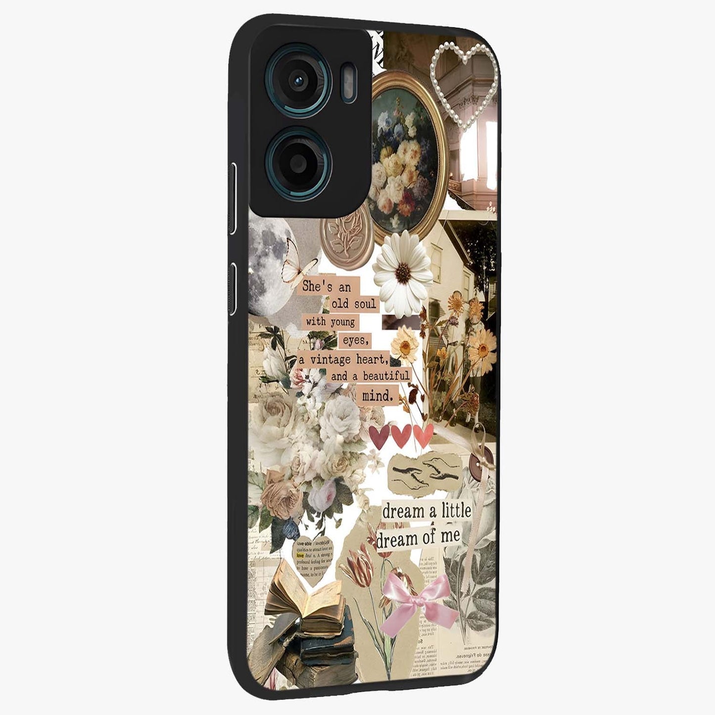 Aesthetic Brown Vintage Collage Glass Case upright view showcasing nostalgic retro artwork with stylish vintage theme.