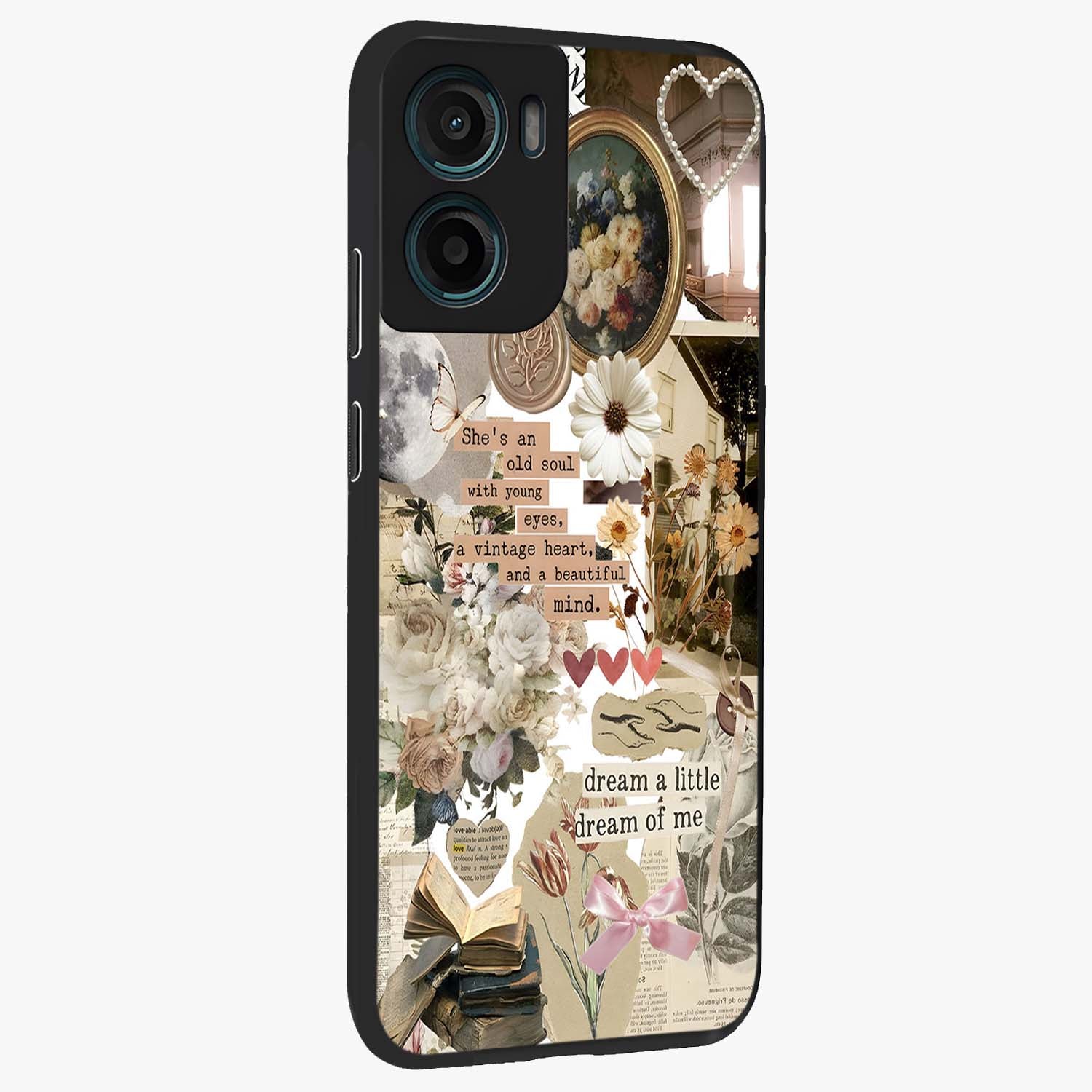 Aesthetic Brown Vintage Collage Glass Case upright view showcasing nostalgic retro artwork with stylish vintage theme.