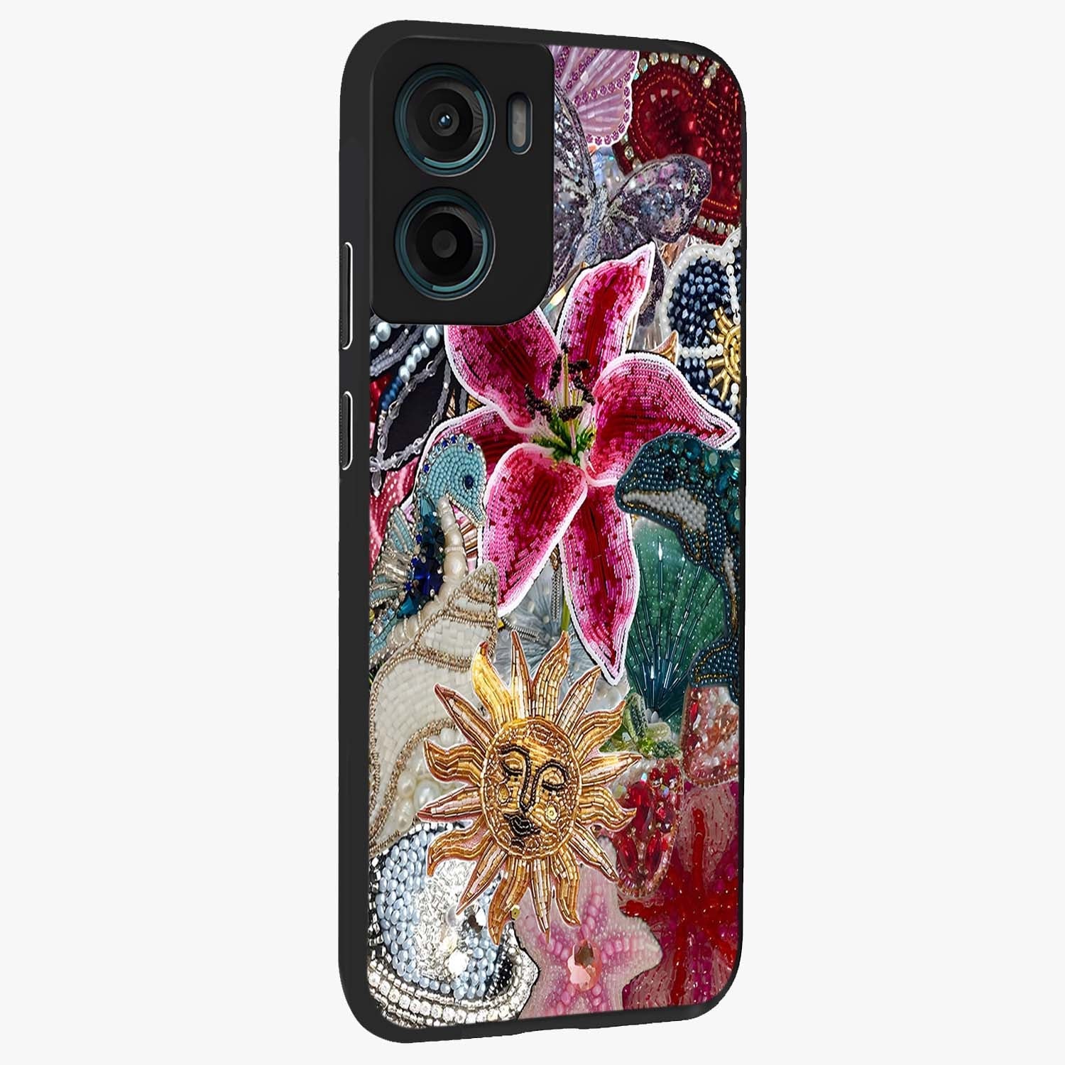 Beaded Garden Fantasy Glass Case upright view showcasing whimsical garden aesthetic with artistic bead details.