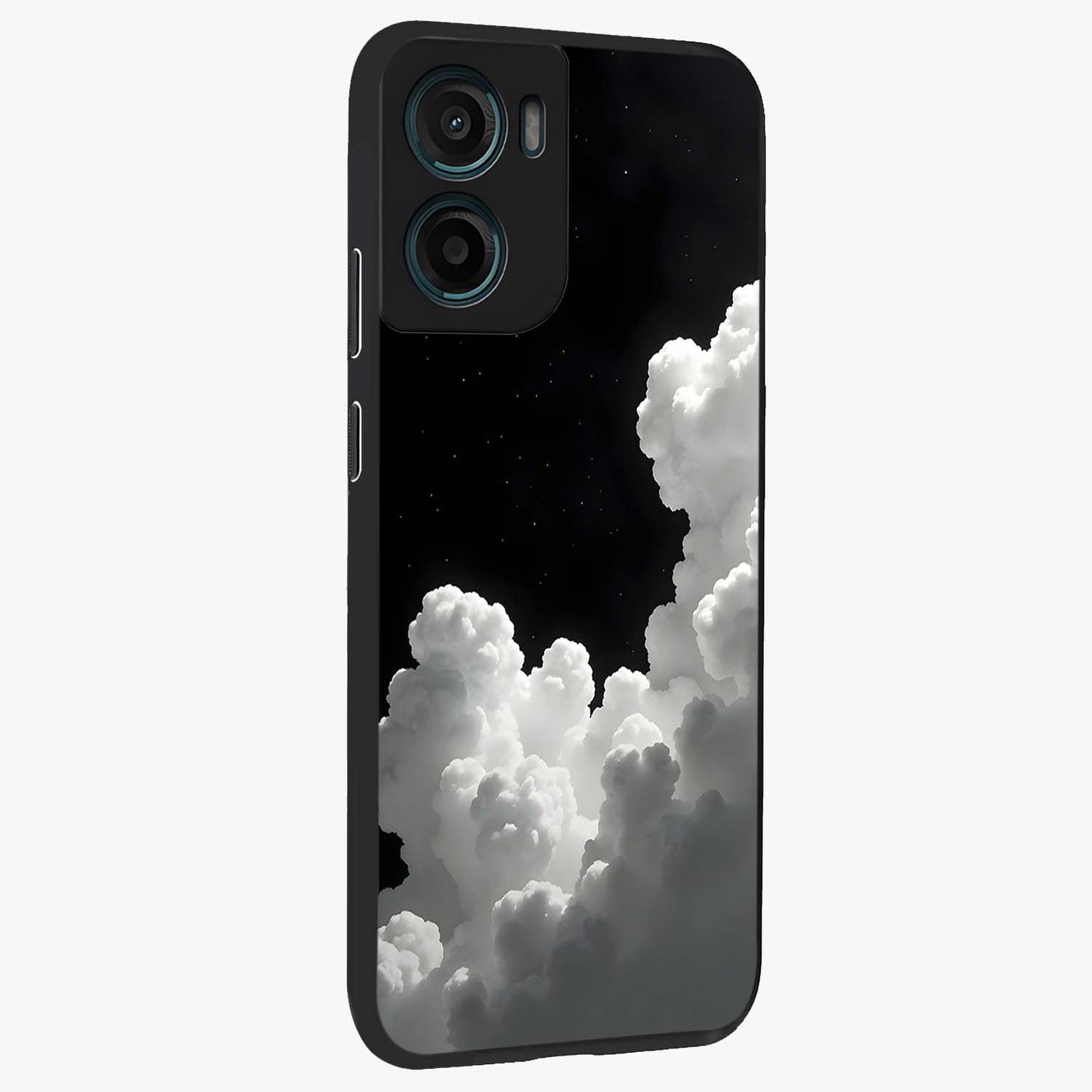 Black Background With White Cloud Glass Case upright view showcasing calm cloud aesthetic with modern minimal style.