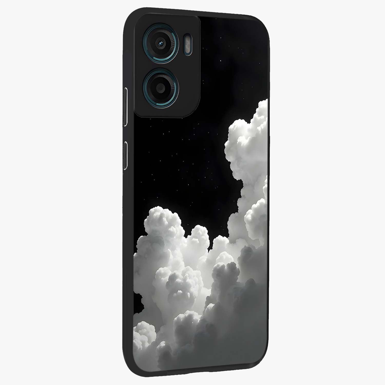 Black Background With White Cloud Glass Case upright view showcasing calm cloud aesthetic with modern minimal style.