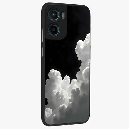 Black Background With White Cloud Glass Case upright view showcasing calm cloud aesthetic with modern minimal style.