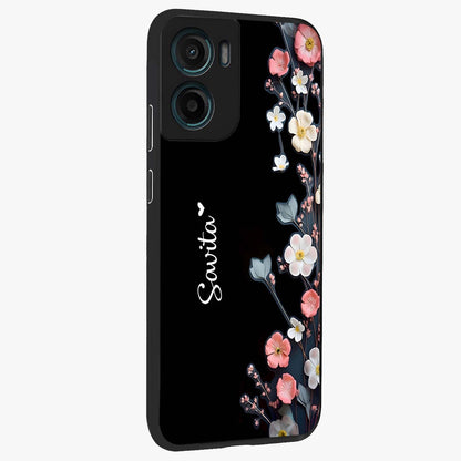 Black Elegance Floral Custom Name Glass Case upright view showcasing luxurious black floral design with personalized name detail.