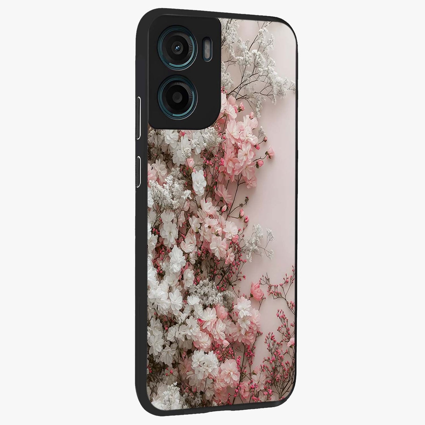Blush Blossom Cloud Glass Case upright view showcasing calm floral cloud artwork with gentle dreamy theme.