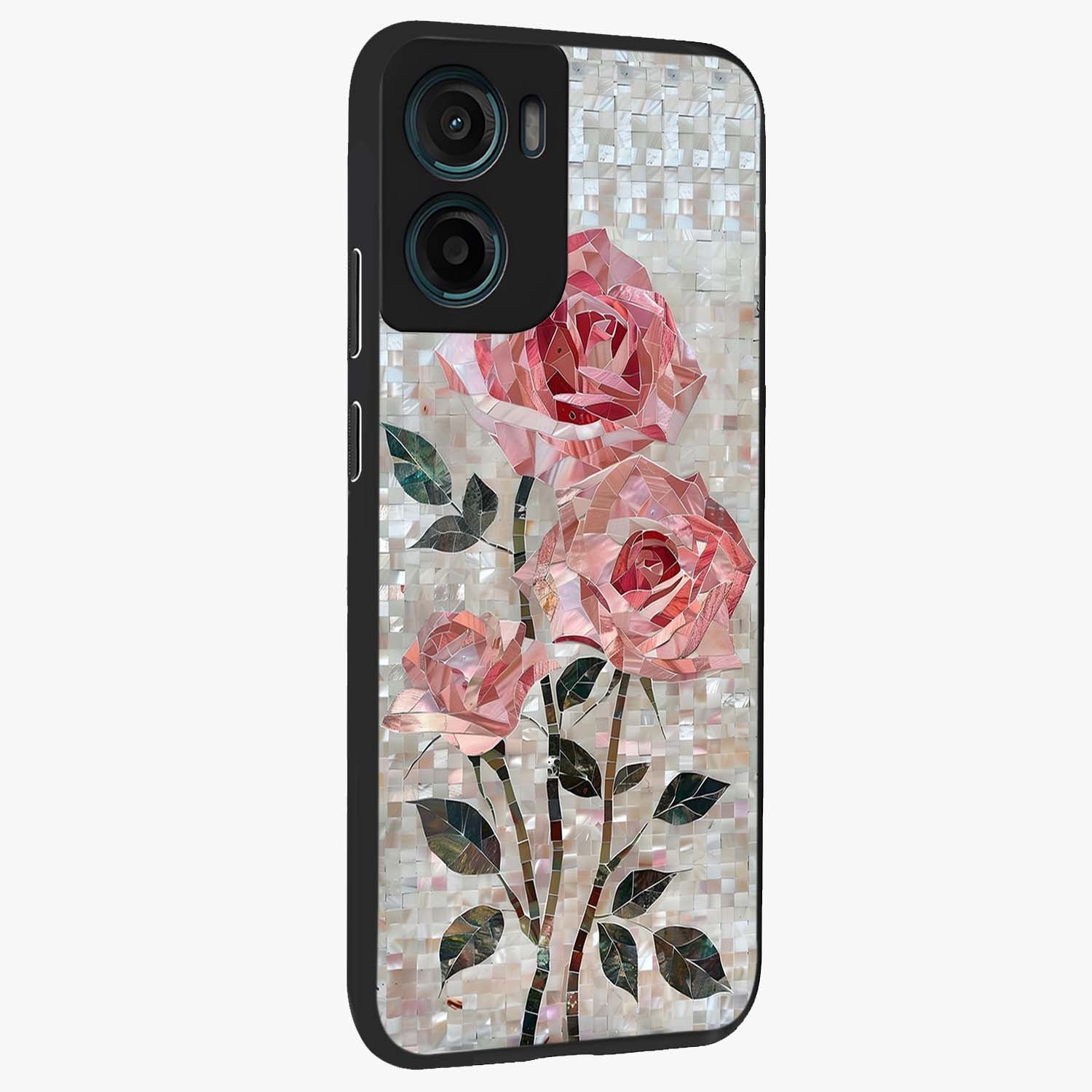 Blush Mosaic Bloom Glass Case upright view showcasing decorative floral mosaic artwork with stylish modern aesthetic.