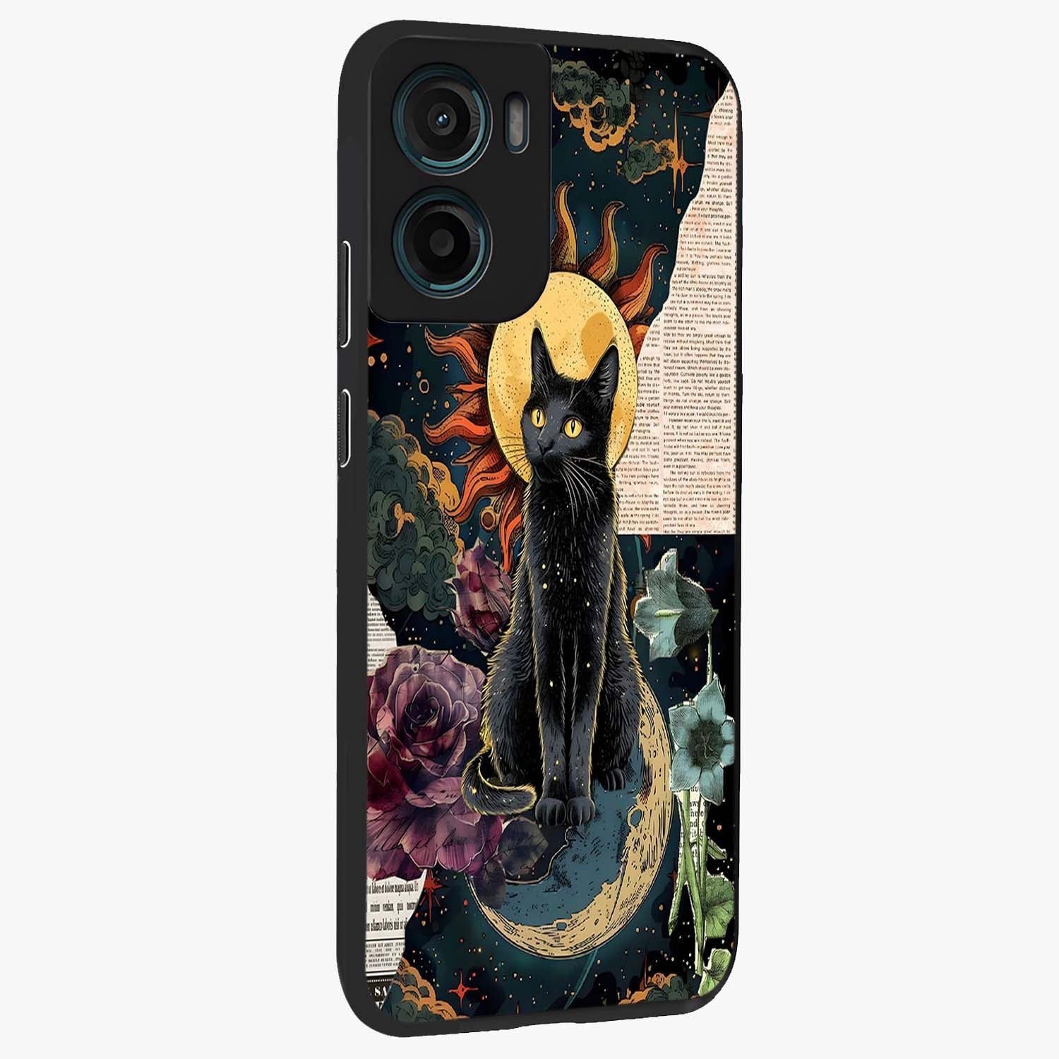 Celestial Black Cat Glass Case upright view showcasing magical black cat illustration with starry cosmic theme.