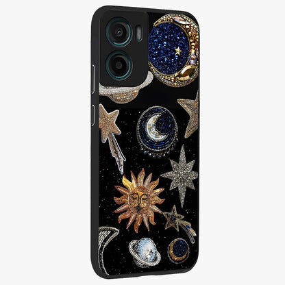 Celestial Gem Constellations Glass Case upright view showcasing cosmic constellation artwork with celestial aesthetic style.