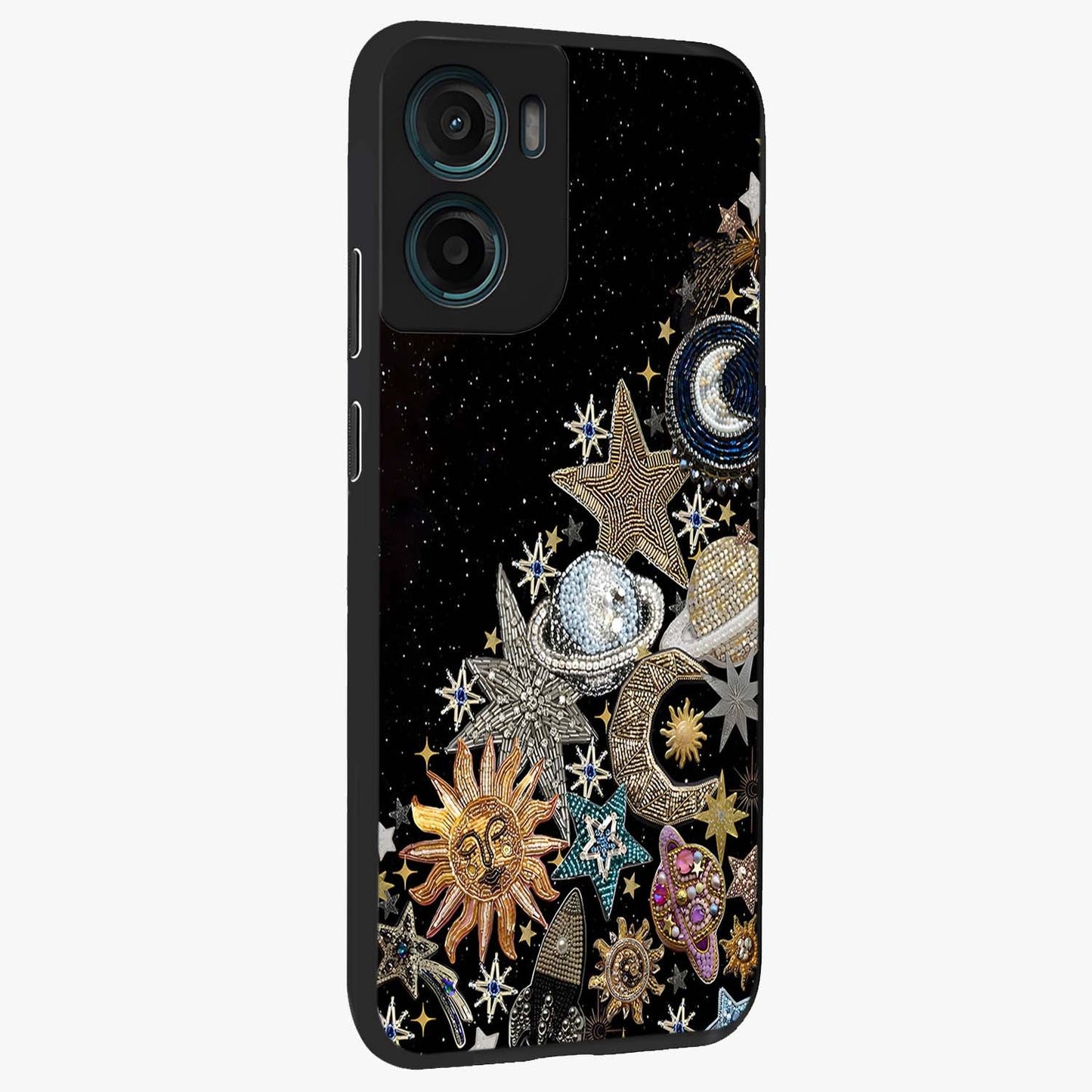Cosmic Sparkle Dreams Glass Case upright view showcasing glowing cosmic artwork with magical galaxy theme.