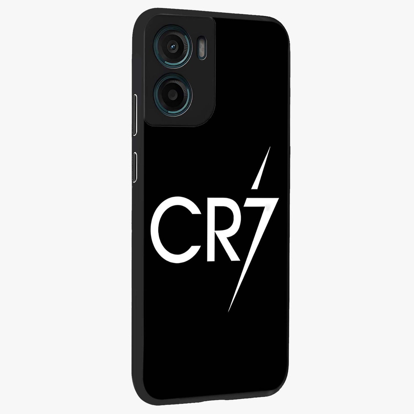 Cr7 Elite Strike Glass Case upright view showcasing energetic football inspired design with modern sports aesthetic.
