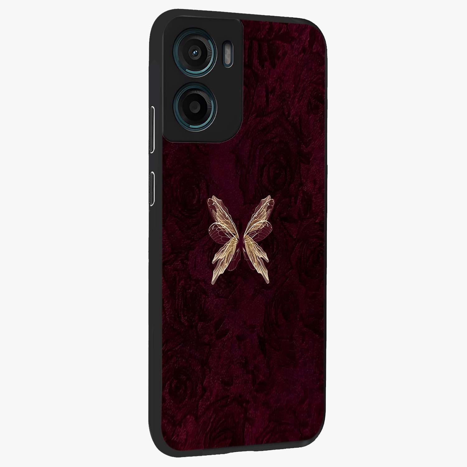 Crimson Fade Butterfly Glass Case upright view showcasing graceful butterfly artwork with soft crimson fade effect.